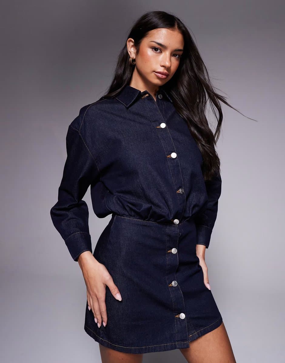 ASOS ASOS DESIGN denim mini shirt dress with fitted skirt and shoulder pad in rinse wash