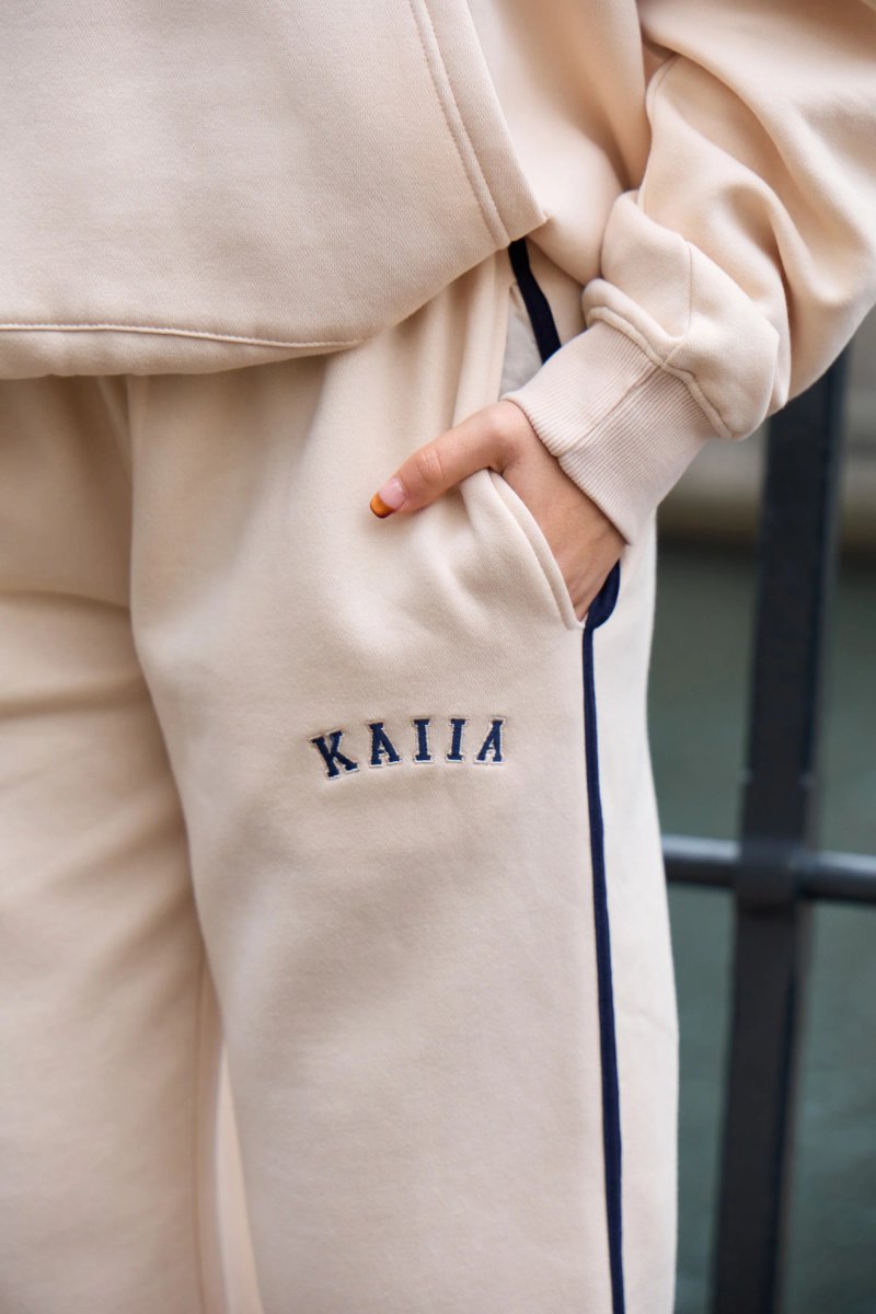 Kaiia Kaiia Slogan Side Stripe Wide Leg Joggers Cream & Navy - 2