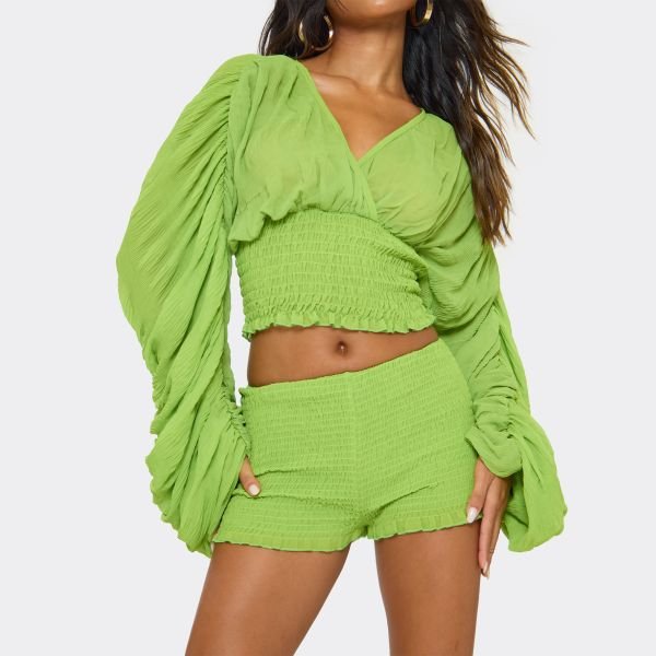 EGO Mid Rise Frill Hem Detail Hotpants Shorts In Green Shirred, Women's Size UK 6 - 2