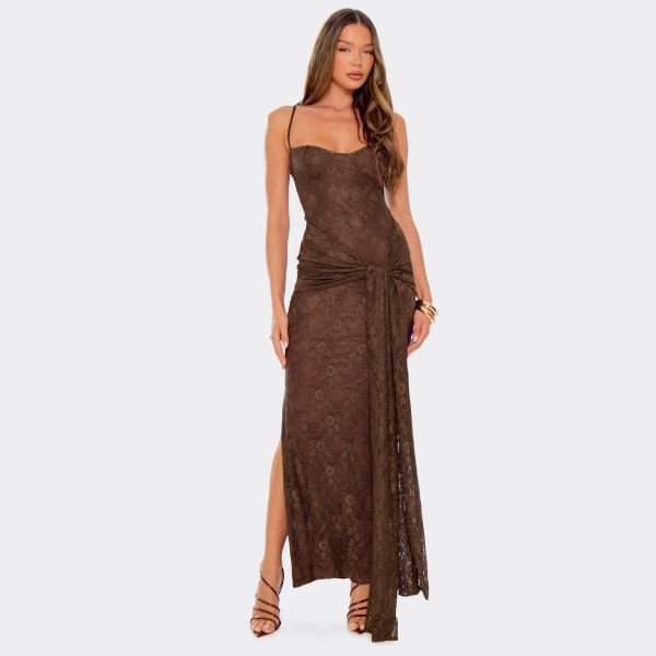 EGO Strappy Tie Drape Detail Maxi Dress In Chocolate Brown Lace, Women's Size UK 6 - 1