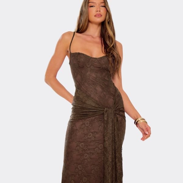 EGO Strappy Tie Drape Detail Maxi Dress In Chocolate Brown Lace, Women's Size UK 6 - 2