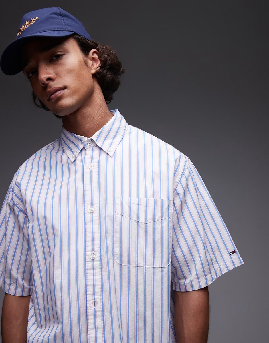 ASOS Tommy Jeans short sleeve shirt in blue and off white stripe - 3