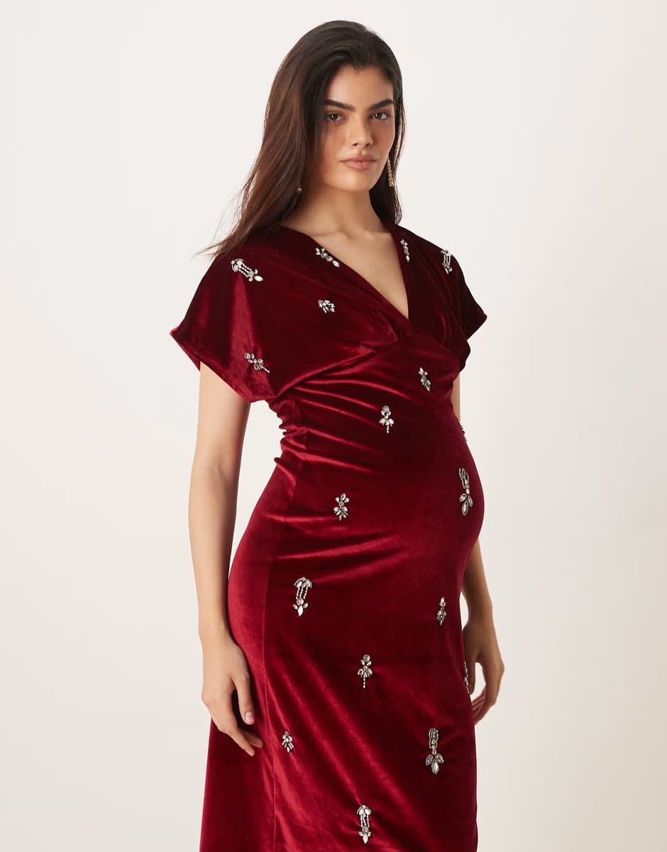 ASOS Hope & Ivy Maternity v-neck embellished velvet midi dress in burgundy