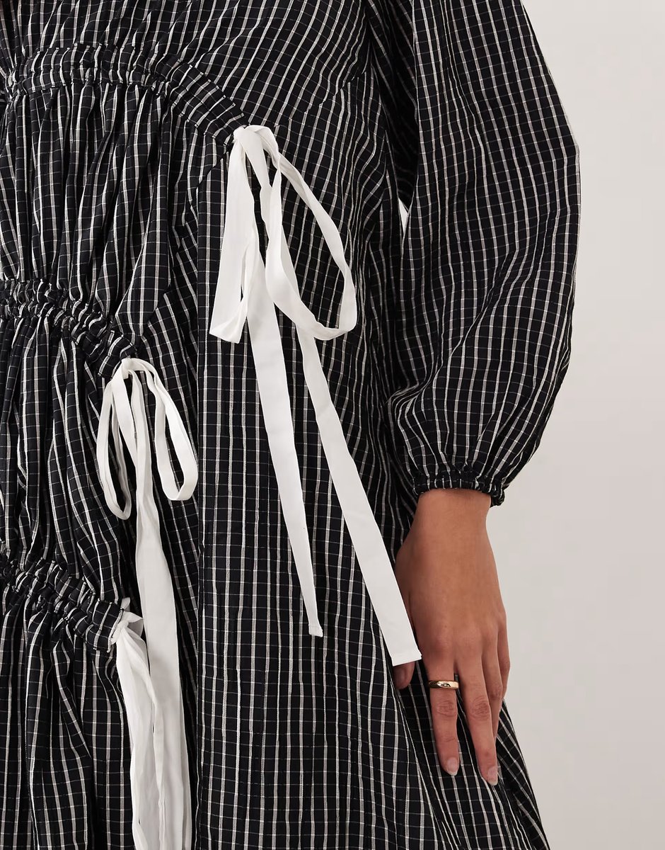 ASOS Ghospell Prisha cotton rich ruched bow detail midi dress in black stripe - 3