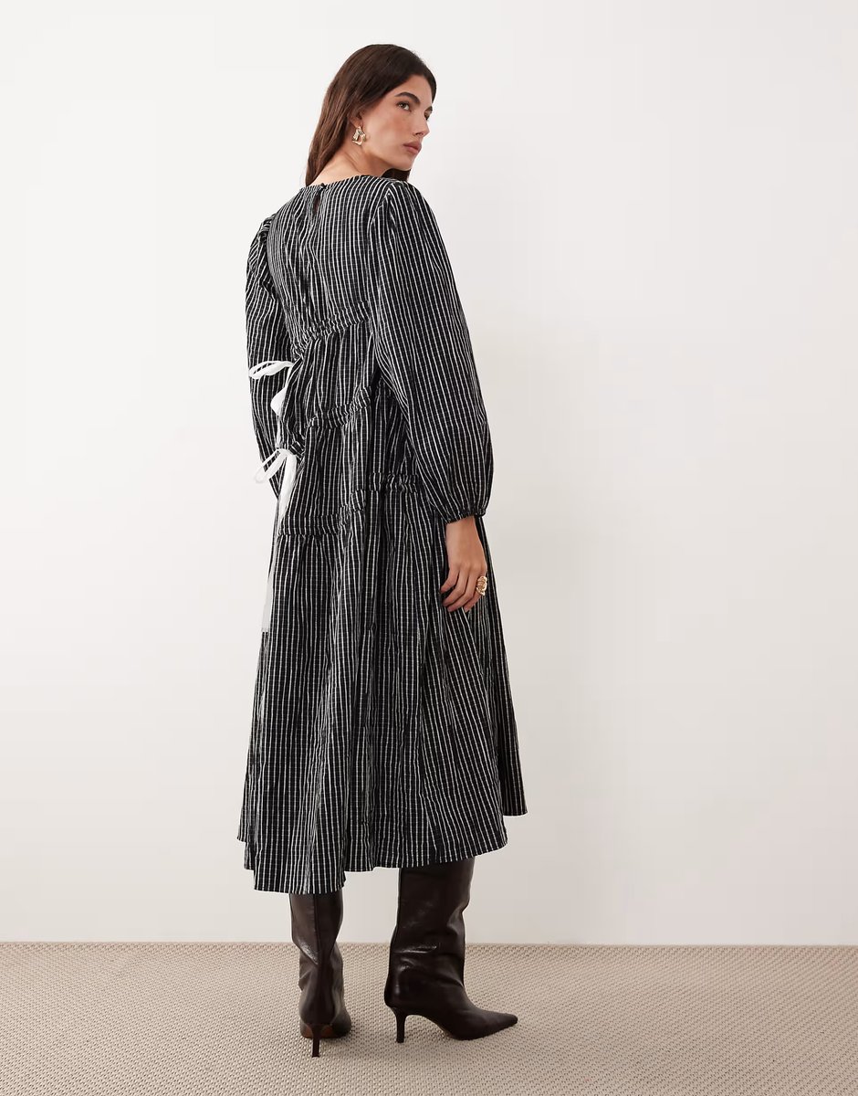 ASOS Ghospell Prisha cotton rich ruched bow detail midi dress in black stripe - 4