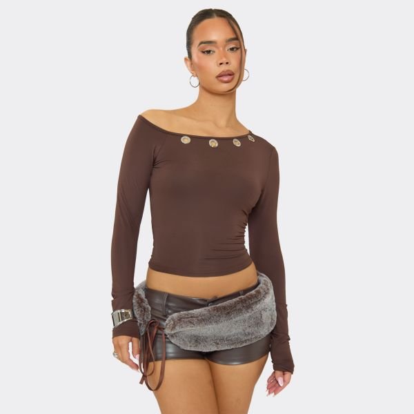 EGO Long Sleeve Asymmetric Eyelet Detail Top In Chocolate Brown, Women's Size UK Large L - 2