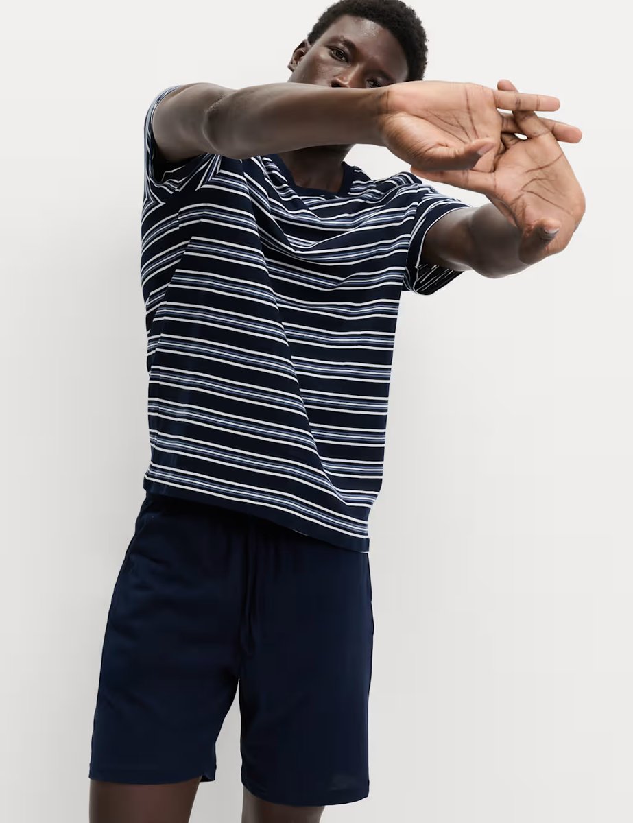 Marks & Spencer M&S Pure Cotton Striped Pyjama Set Navy Mix - 1