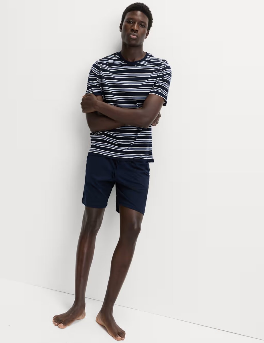 Marks & Spencer M&S Pure Cotton Striped Pyjama Set Navy Mix - 4