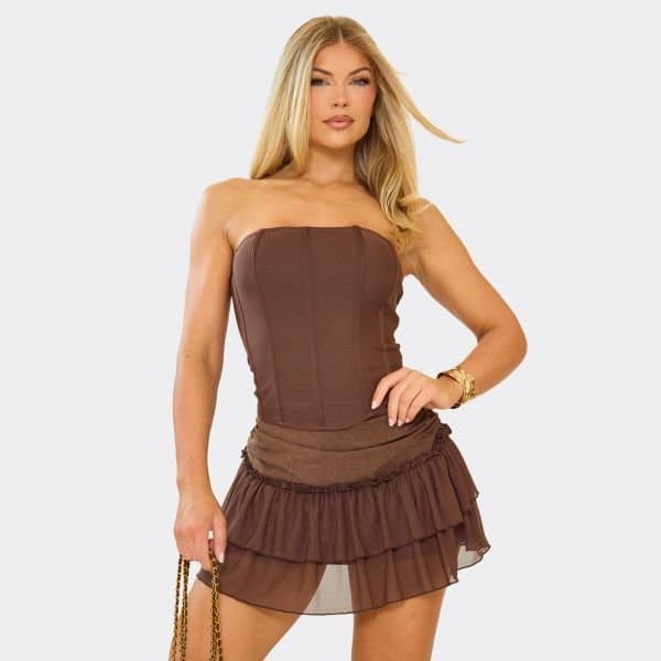 EGO Bandeau Longline Corset Top In Chocolate Brown, Women's Size UK 6