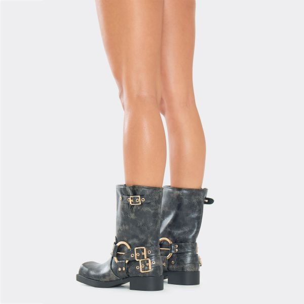 EGO Elsanna Ring Detail Ankle Biker Boot In Black Faux Leather, Women's Size UK 3 - 2