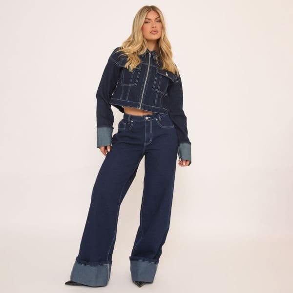 EGO Mid Rise Turn Up Hem Wide Leg Jeans In Dark Indigo Denim, Women's Size UK 4 - 1
