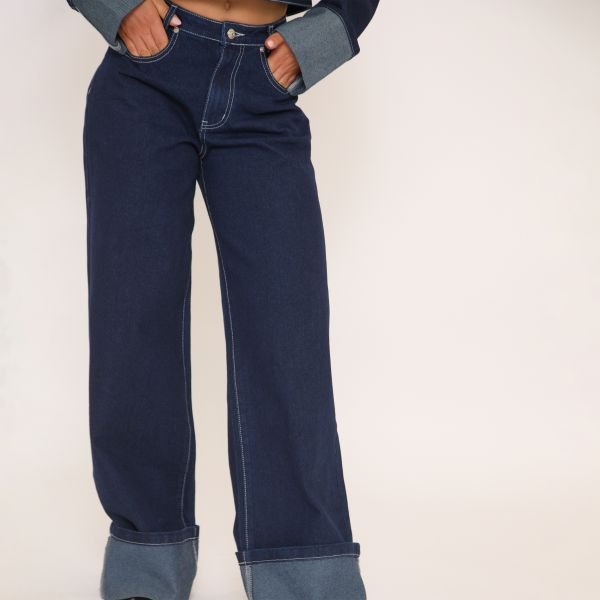 EGO Mid Rise Turn Up Hem Wide Leg Jeans In Dark Indigo Denim, Women's Size UK 4 - 2