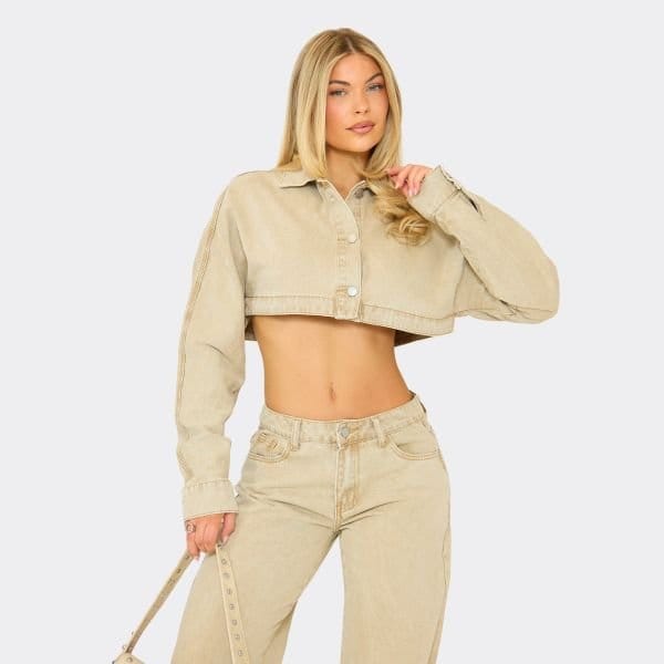 EGO Long Sleeve Extreme Cropped Jacket In Stone Denim, Women's Size UK 6 - 1