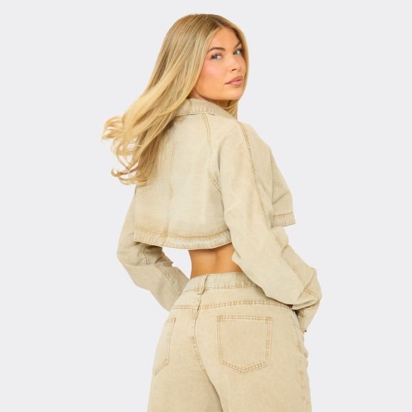 EGO Long Sleeve Extreme Cropped Jacket In Stone Denim, Women's Size UK 6 - 2