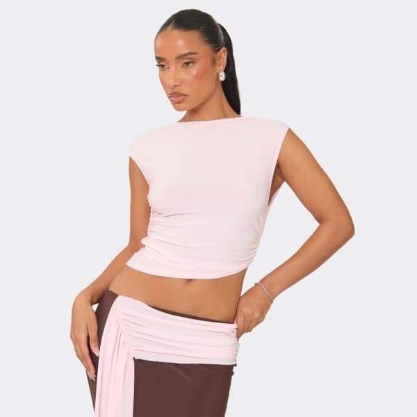 EGO Sleeveless High Neck Ruched Seam Detail Top In Pink, Women's Size UK 6