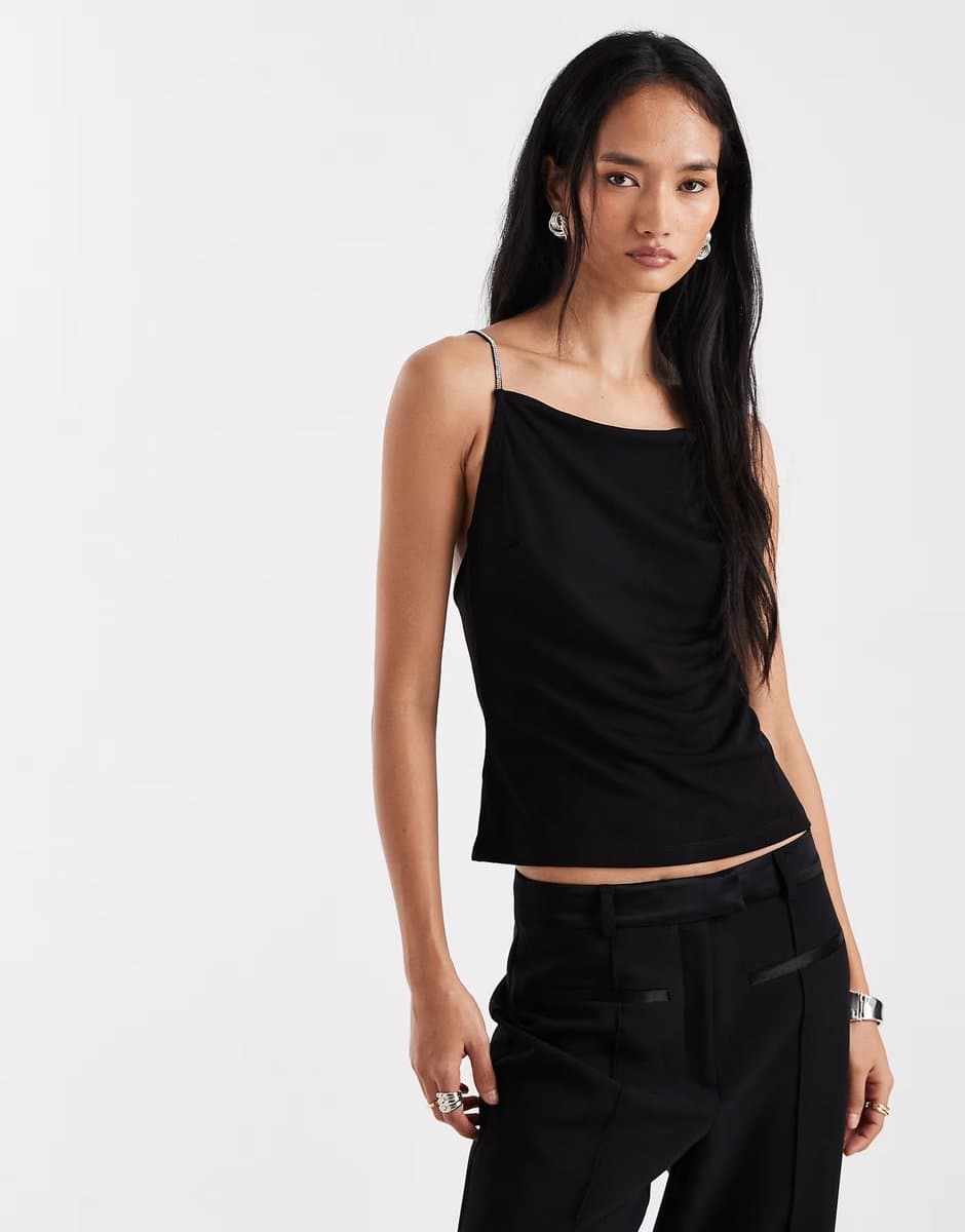 ASOS Vero Moda slinky jersey cami top with diamante embellished straps in black