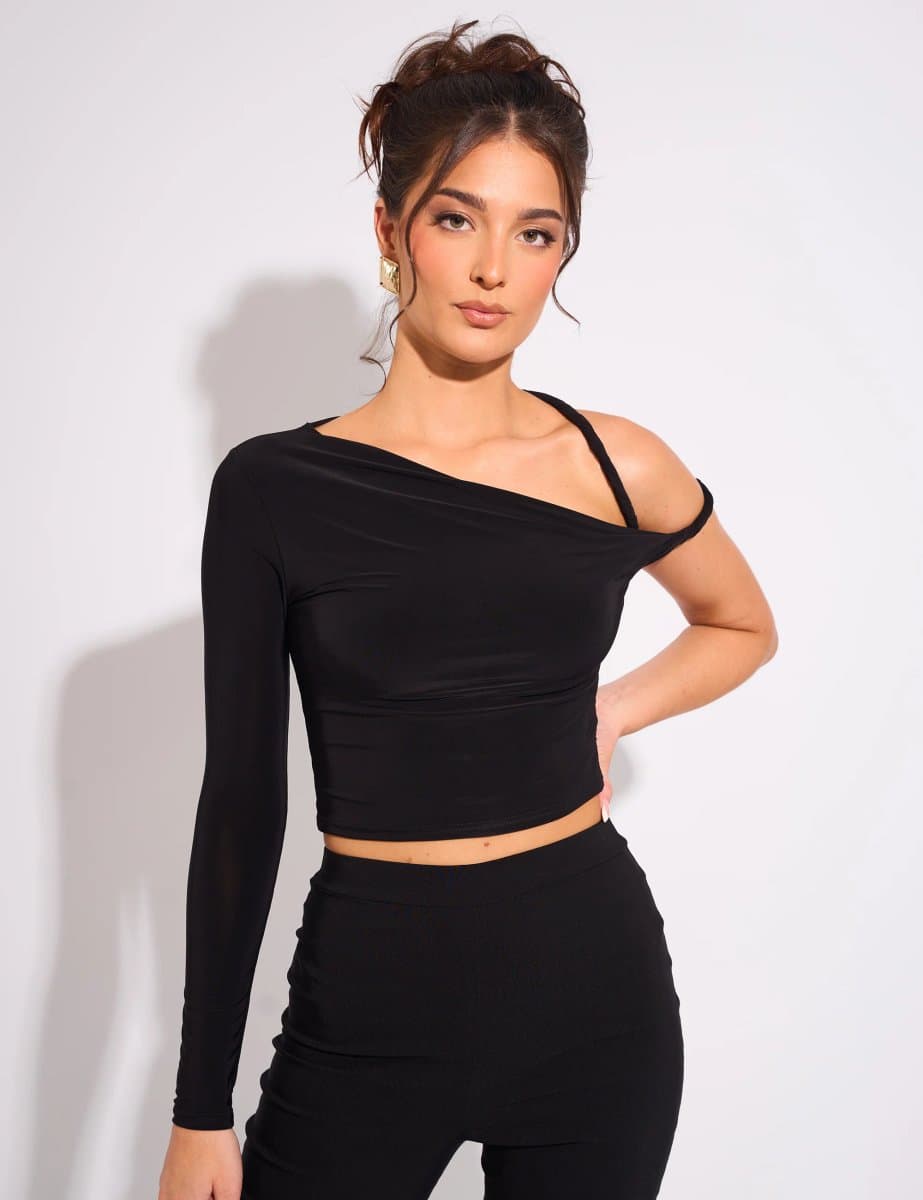 Public Desire Slinky Twist Strap Asymmetric Luxe Top Black