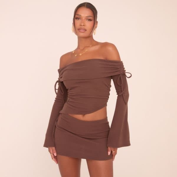 EGO Fold Over Bardot Long Flared Sleeve Asymmetric Top In Chocolate Brown Brushed Rib, Women's Size UK 12