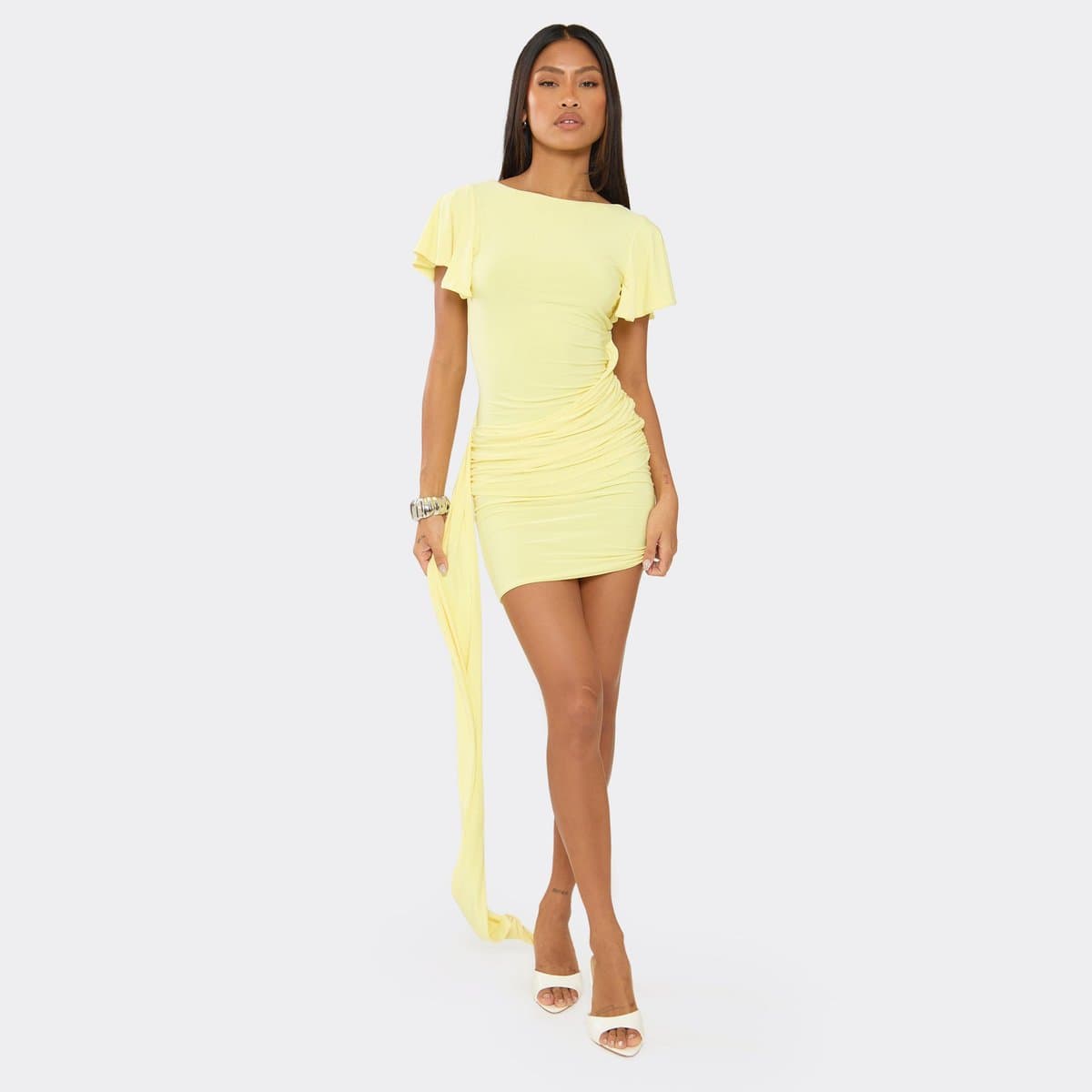 EGO Short Sleeve Ruched Panel Detail Draped Mini Dress In Yellow, Women's Size UK 6