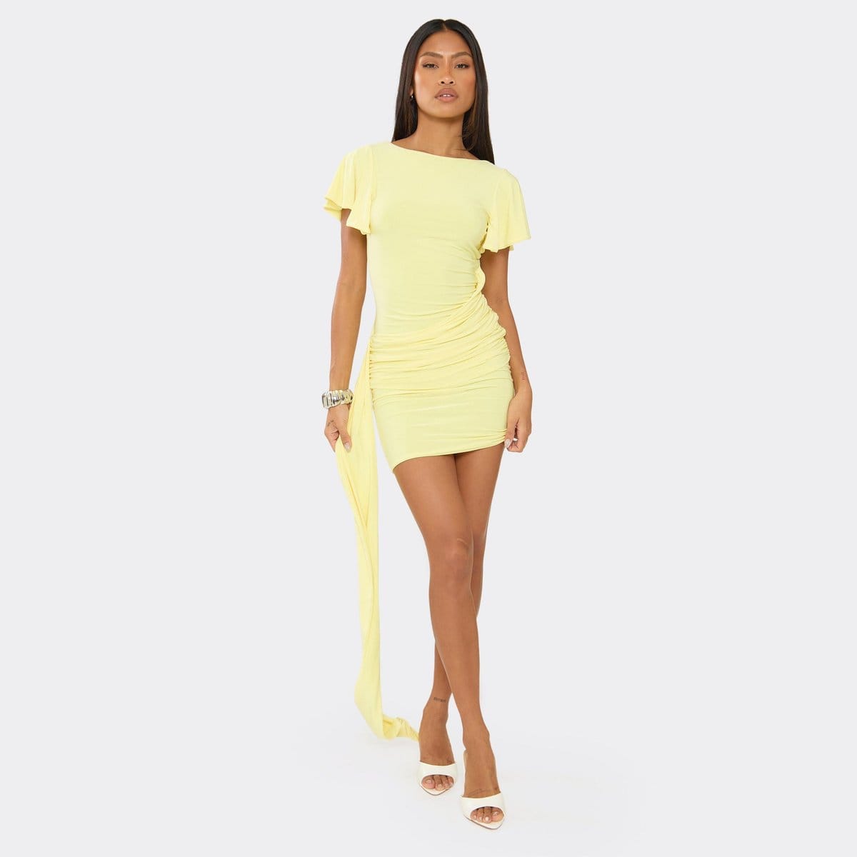 EGO Short Sleeve Ruched Panel Detail Draped Mini Dress In Yellow, Women's Size UK 6 - 1