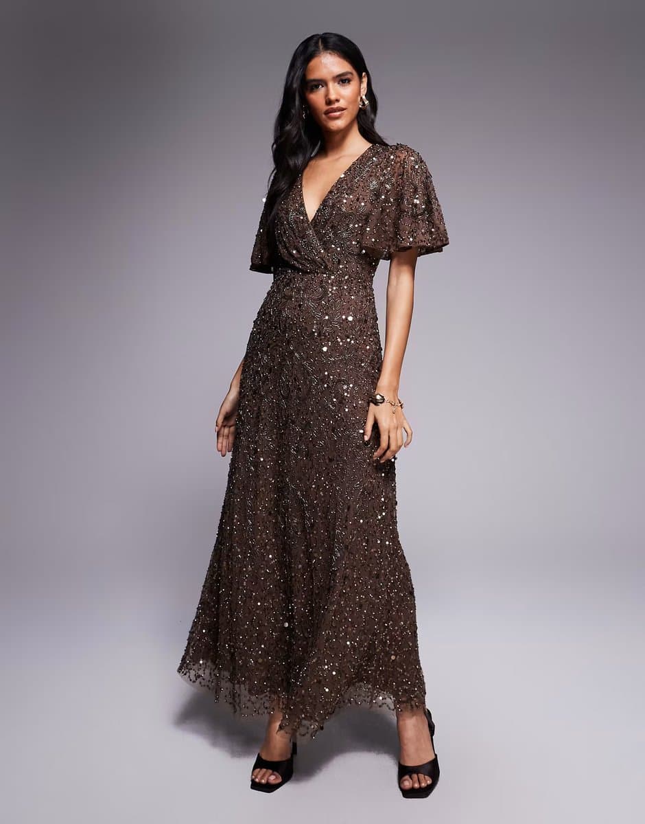 ASOS Beauut embellished v wrap flutter sleeve maxi dress in chocolate brown