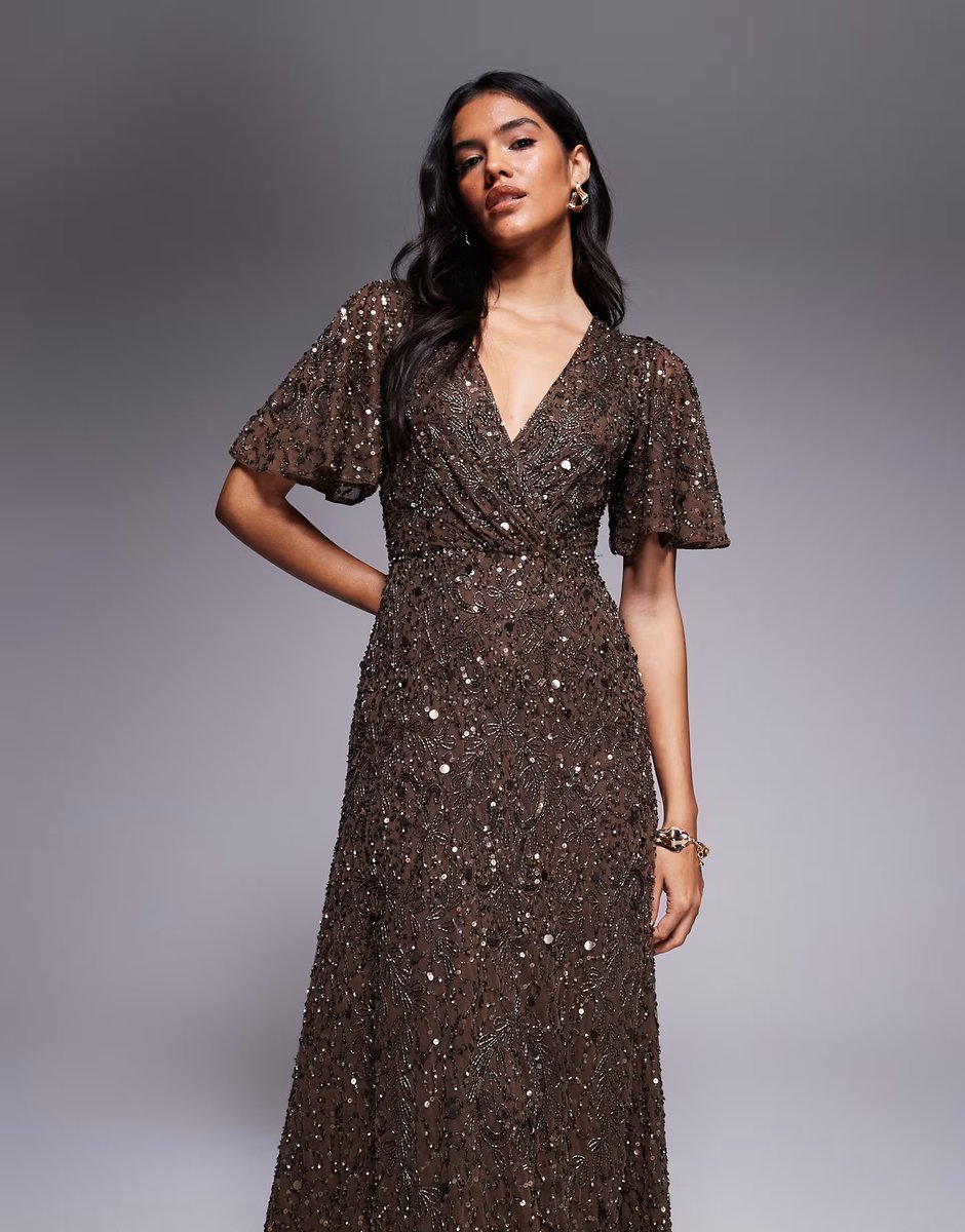ASOS Beauut embellished v wrap flutter sleeve maxi dress in chocolate brown - 3