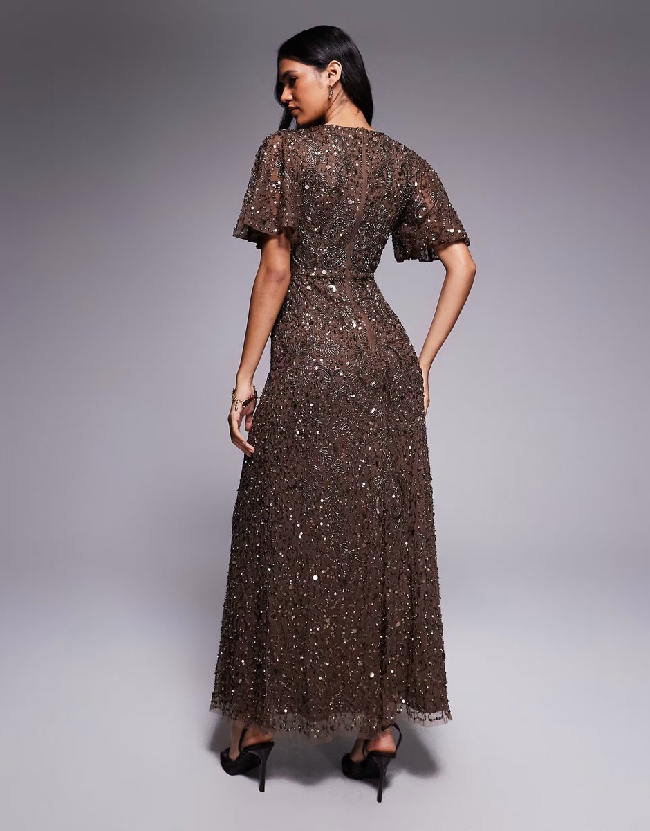 ASOS Beauut embellished v wrap flutter sleeve maxi dress in chocolate brown - 4