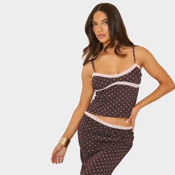 EGO Strappy Lace Trim Cami Top In Brown Polka Dot, Women's Size UK 6 - 1