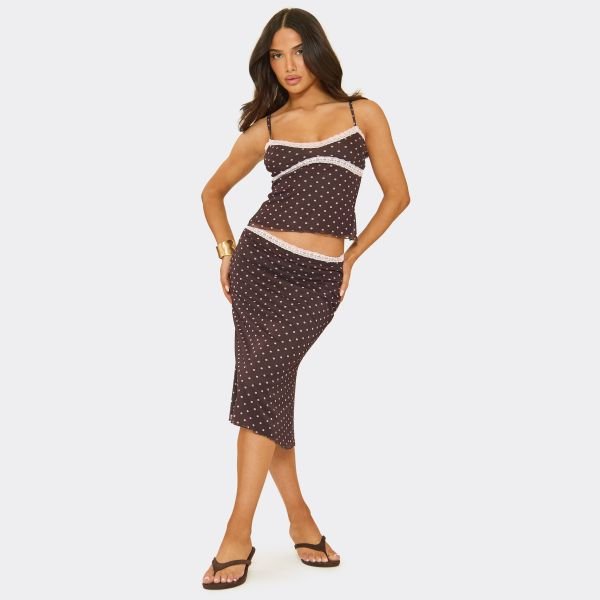 EGO Strappy Lace Trim Cami Top In Brown Polka Dot, Women's Size UK 6 - 2
