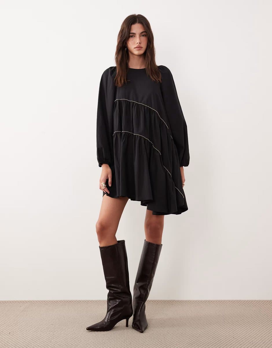 ASOS Ghospell Angela cotton blend beaded trim asymmetric hem mini dress in black