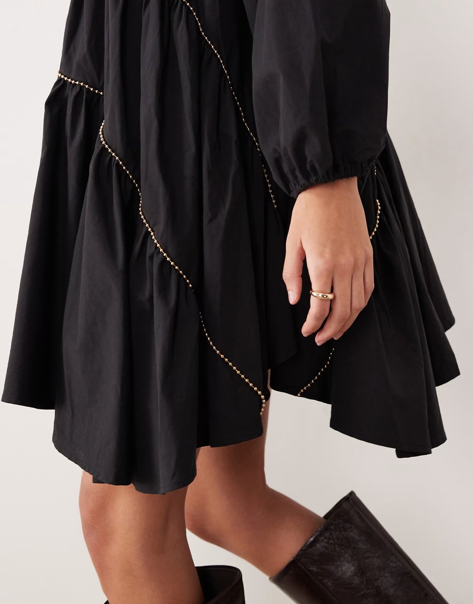 ASOS Ghospell Angela cotton blend beaded trim asymmetric hem mini dress in black - 3