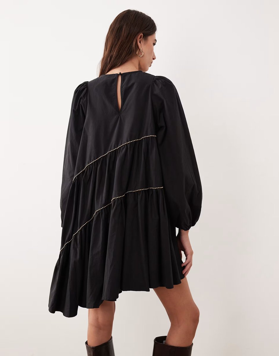 ASOS Ghospell Angela cotton blend beaded trim asymmetric hem mini dress in black - 4