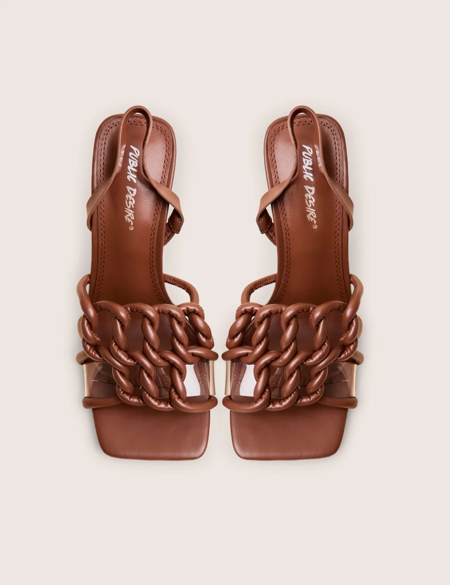 Public Desire Rayne Chocolate Knotted Upper Slingback Square Toe Heels - 2