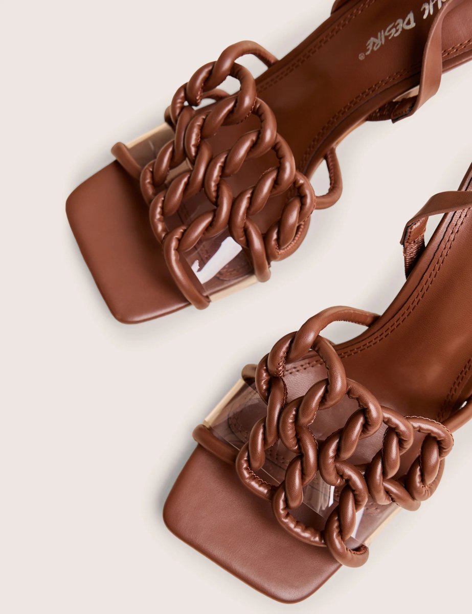 Public Desire Rayne Chocolate Knotted Upper Slingback Square Toe Heels - 4