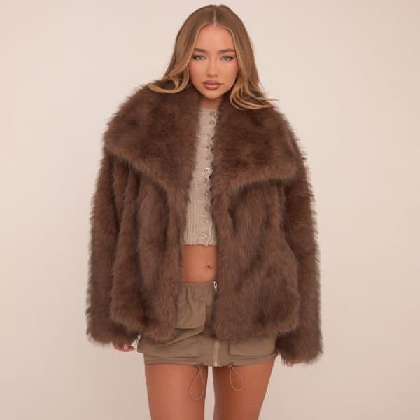 EGO Oversized Collar Detail Jacket In Chocolate Brown Faux Fur, Women's Size UK 4