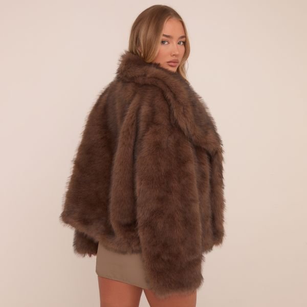 EGO Oversized Collar Detail Jacket In Chocolate Brown Faux Fur, Women's Size UK 4 - 2