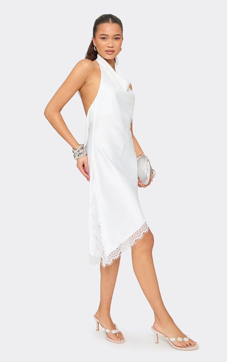 EGO Cowl Neck Lace Trim Detail Low Back Mini Dress In White Satin, Women's Size UK 6 - 2