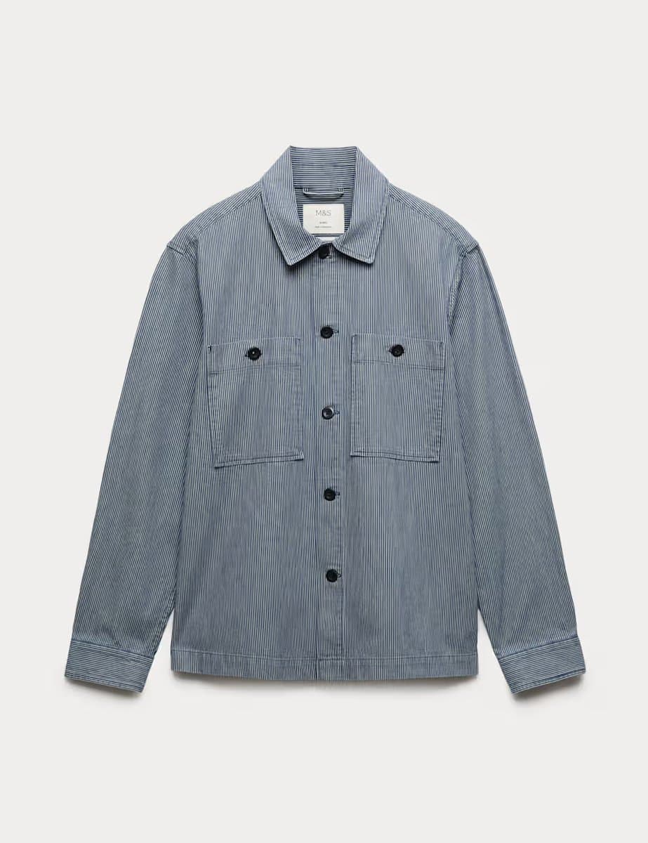 Marks & Spencer M&S Pure Cotton Striped Overshirt Indigo
