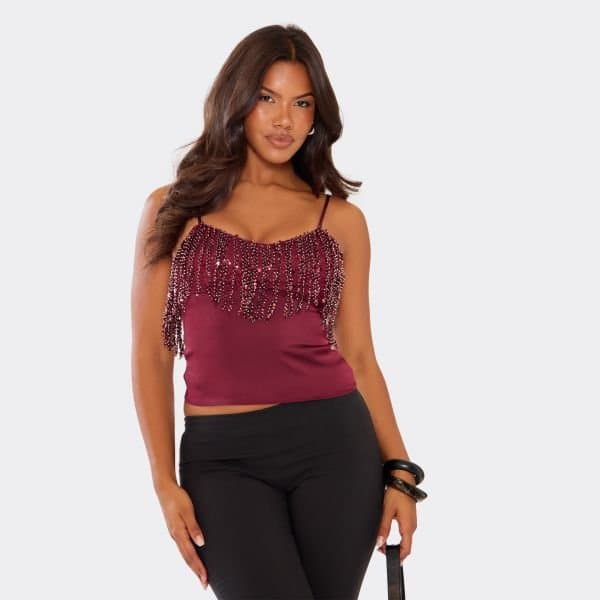 EGO EGO Burgundy Sequin Tassel-Hem Cami Top