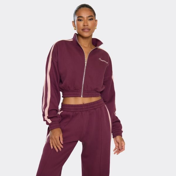 EGO Long Sleeve Contrast Stripe Essential Graphic Zip Up Jacket In Burgundy, Women's Size UK 4 - 1