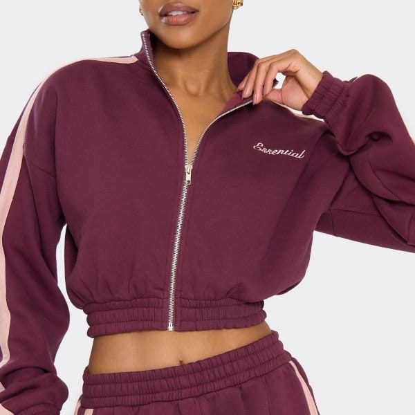 EGO Long Sleeve Contrast Stripe Essential Graphic Zip Up Jacket In Burgundy, Women's Size UK 4 - 2