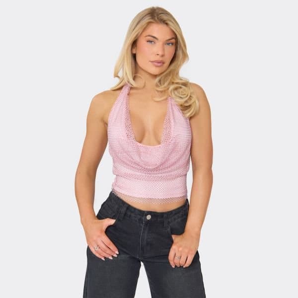 EGO EGO Cowl Halterneck Rhinestone Crop Top in Baby Pink