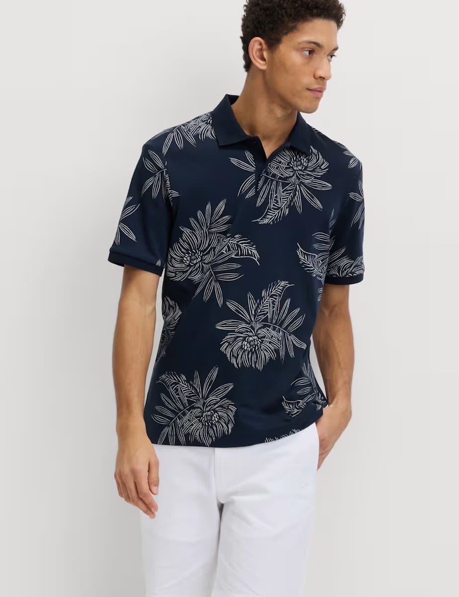 Marks & Spencer M&S Pure Cotton Leaf Print Polo Shirt Navy
