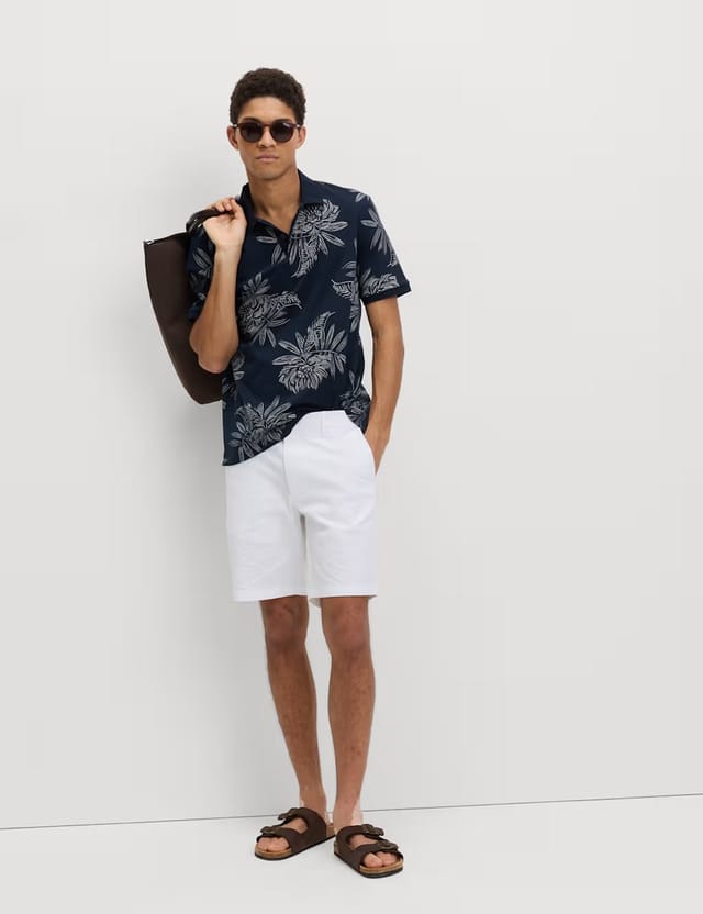 Marks & Spencer M&S Pure Cotton Leaf Print Polo Shirt Navy - 2