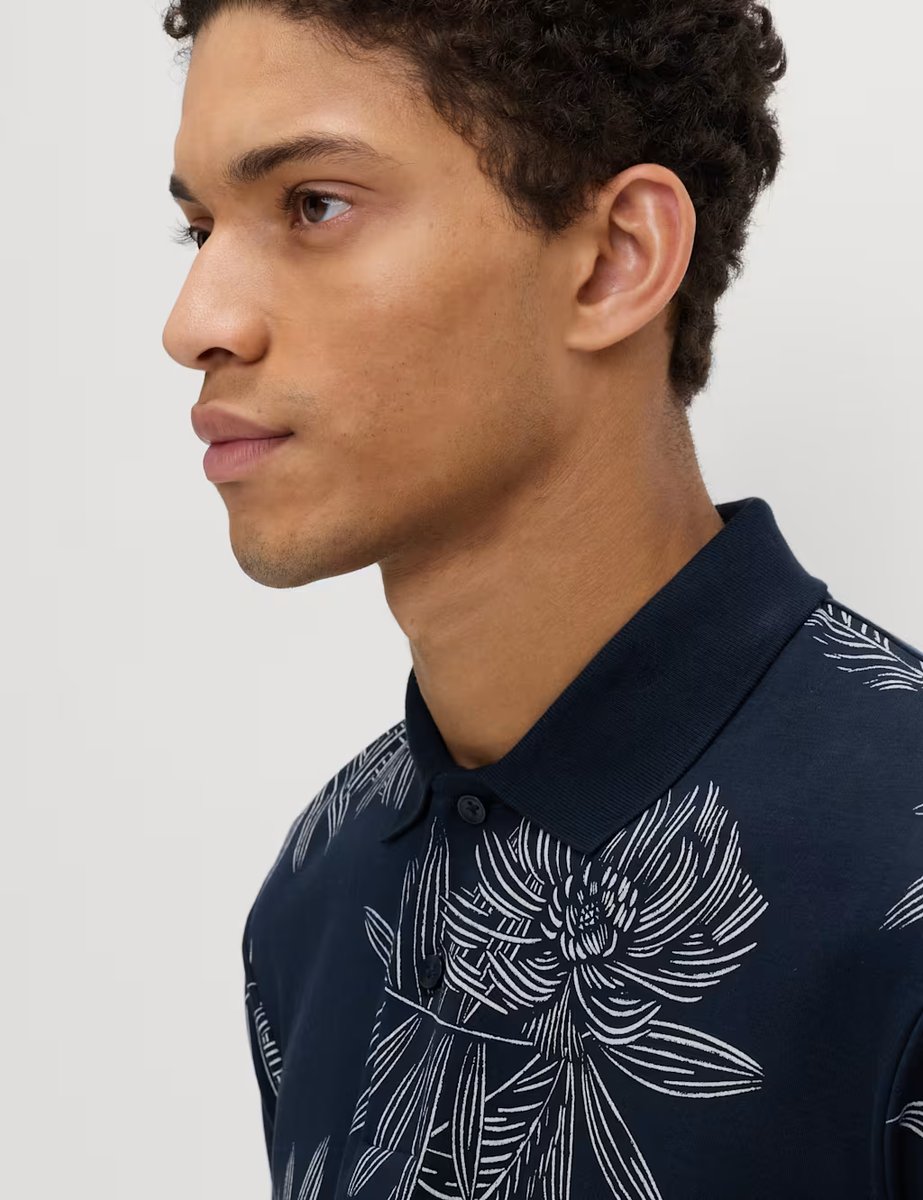 Marks & Spencer M&S Pure Cotton Leaf Print Polo Shirt Navy - 3