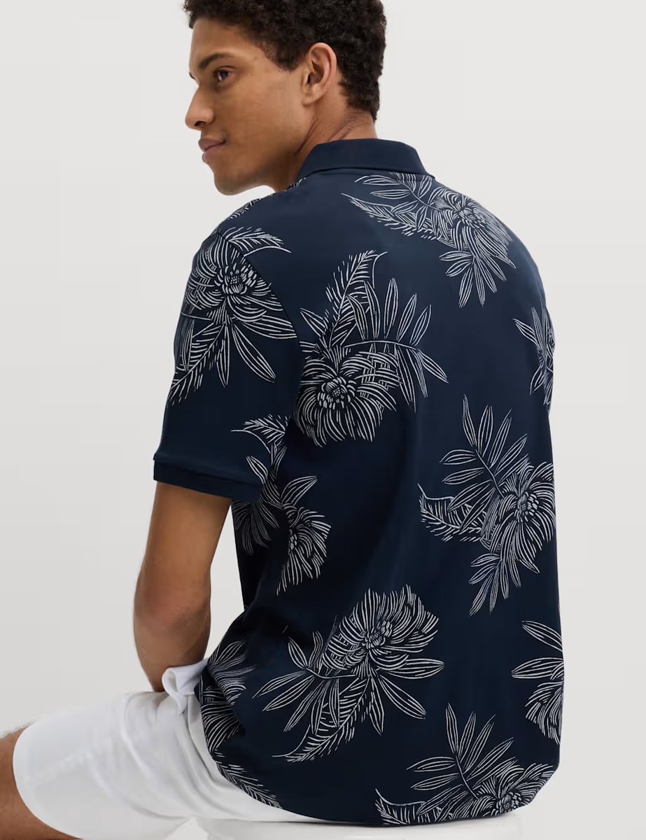 Marks & Spencer M&S Pure Cotton Leaf Print Polo Shirt Navy - 4