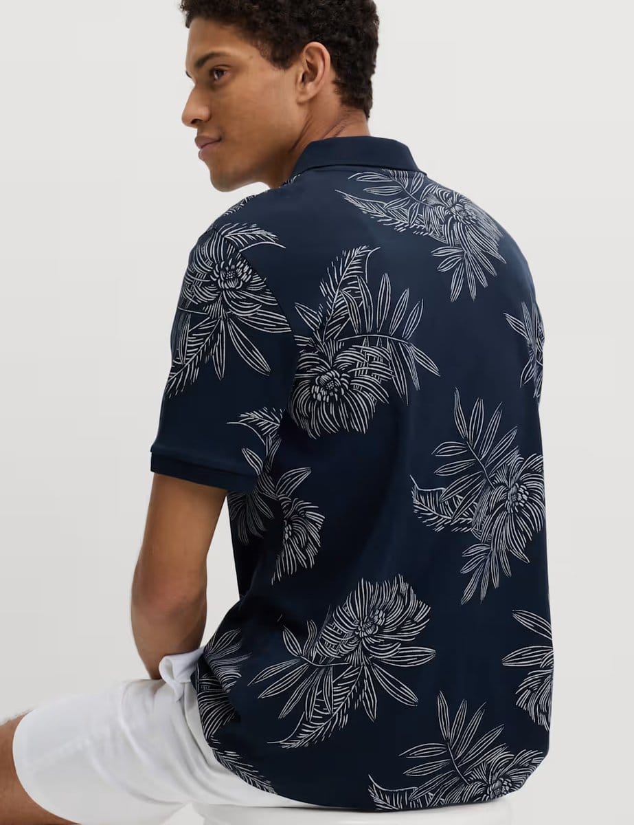Marks & Spencer M&S Pure Cotton Leaf Print Polo Shirt Navy - 4