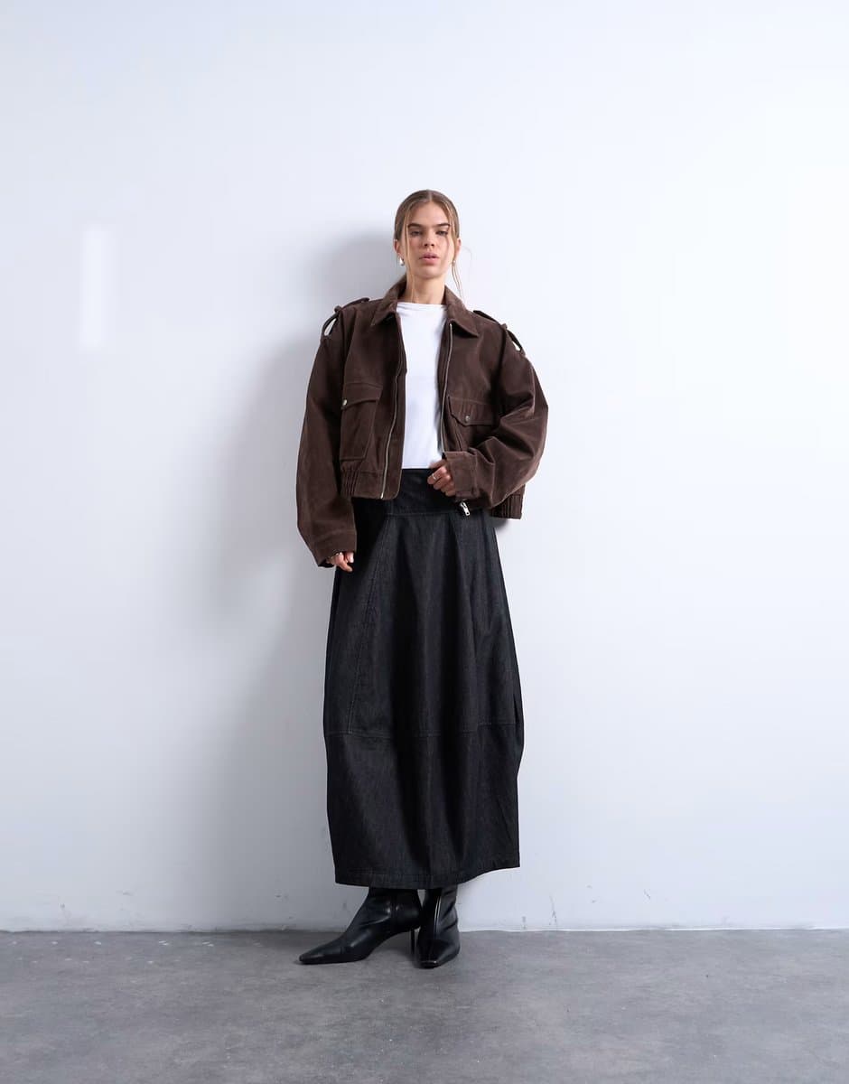 ASOS Topshop denim seamed barrel maxi skirt in black