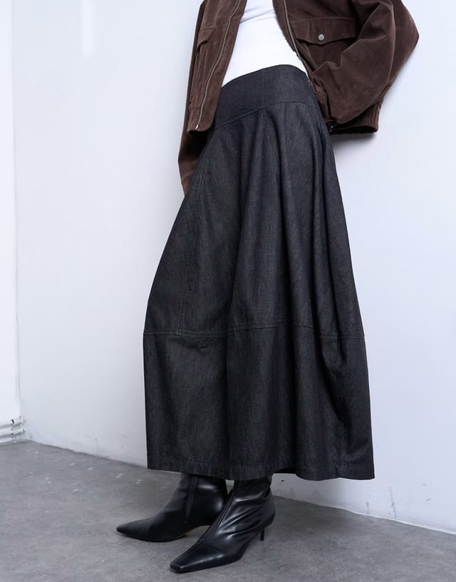 ASOS Topshop denim seamed barrel maxi skirt in black - 2