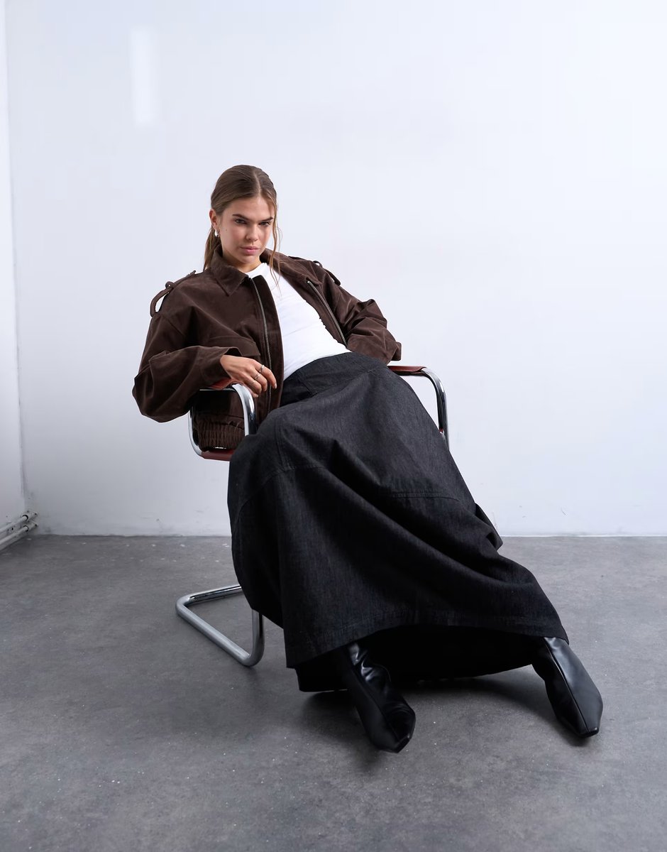 ASOS Topshop denim seamed barrel maxi skirt in black - 3